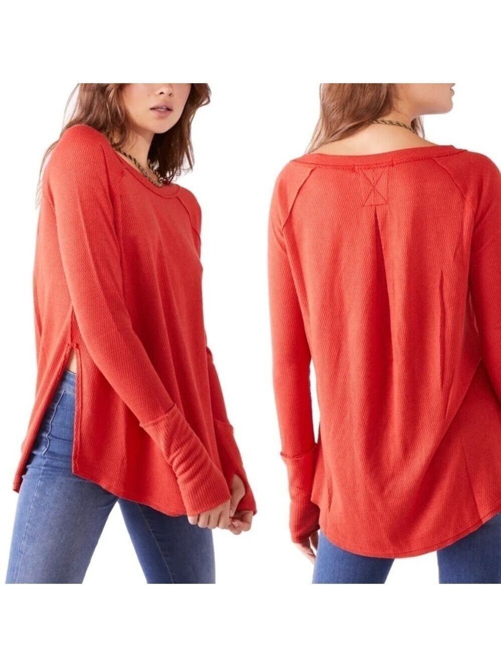 We The Free Free People Pullover Top Womens Thermal  Small Oversized Orange Boho